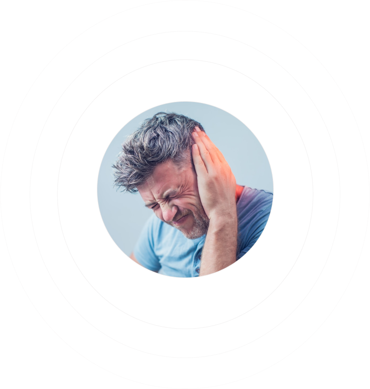 A man with gray hair appears to be in pain, closing his eyes and holding his ear. He is wearing a blue shirt and is positioned within concentric circles on a light blue background.