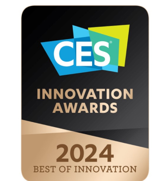 Logo for the CES Innovation Awards 2024, featuring a black background with "CES" in white and green overlapping shapes, and "Innovation Awards 2024 Best of Innovation" in bold gold and white text.