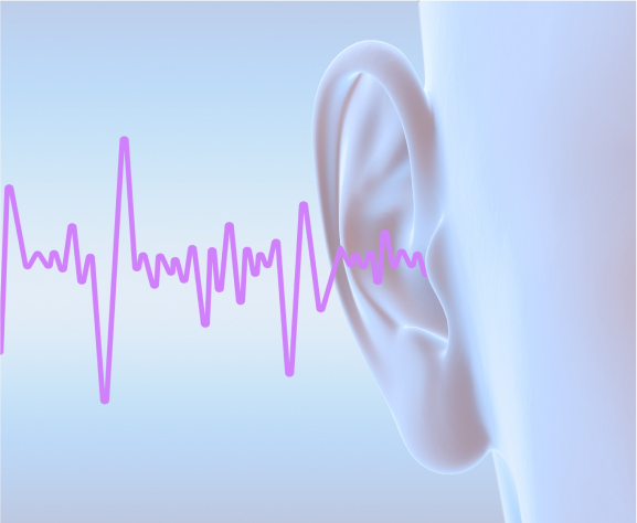 Close-up of a mannequin's ear with a purple soundwave pattern emanating from it against a light blue background.