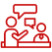 Icon of two people chatting. One person raises a hand, while the other sits, with a speech bubble above each. The image uses a simple red line design on a transparent background.