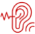 Red icon of an ear with sound waves depicted by wavy lines emanating from it, suggesting the concept of hearing or audio.