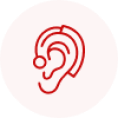 Red circle with a faint outline of an ear inside, symbolizing hearing.