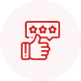 Red circle with a faint outline of a hand giving a thumbs up. Above the hand are three stars inside a speech bubble, indicating approval or a positive review.