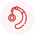 A red circle with a white silhouette of a hearing aid inside.