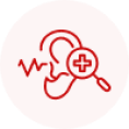 A red circle with a line drawing of an ear, a magnifying glass with a medical cross, and a sound wave pattern.