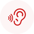 Red circle with an ear icon and sound waves, symbolizing audio or hearing features.