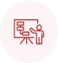 Icon of a person pointing to a flowchart on a board, set against a red circular background.