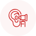 A red circle with a faint outline of an ear and a megaphone inside it, symbolizing listening or broadcasting.